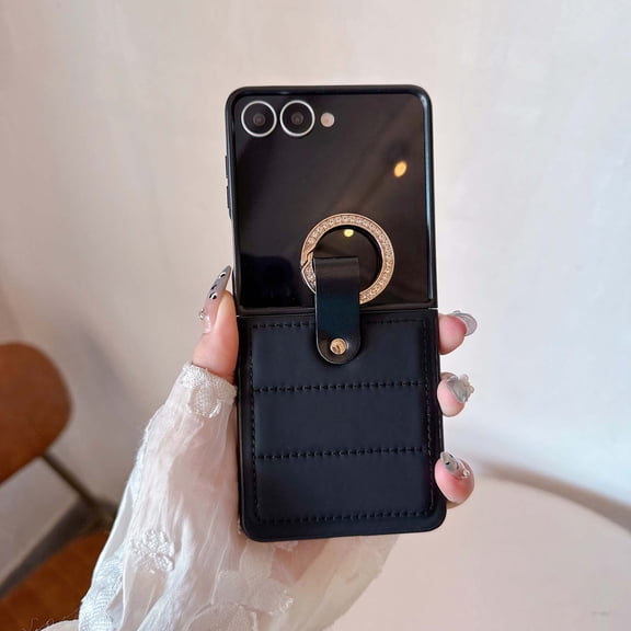 Case for Motorola Razr 60 Ultra with Diamond Ring Buckle, Fashionable Down Jacket Design PU Leather Hard PC Bumper Slim Shockproof Anti-Scratch Protective Cover for Motorola Razr 60 Ultra, Black