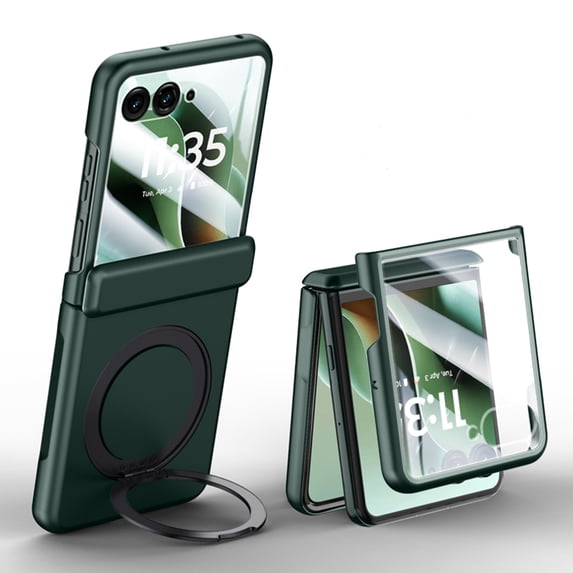 Case for Motorola Razr 60 Ultra / Ultra 2025, Matte PC Cover with Hinge Protection, 360° Rotatable Ring Kickstand, Screen Protector for Outer Display, Magnetic Wireless Charging Compatible, Green