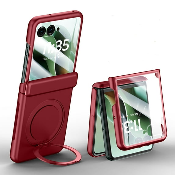 Case for Motorola Razr 60 Ultra / Ultra 2025, Slim Fit Hard PC Protective Cover with Rotating Ring Stand, Compatible with MagSafe, with Small Screen Protector, Support Wireless Charging, Red