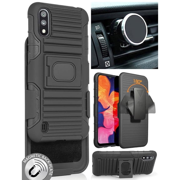 Case/Mount/Clip for Galaxy A01, Nakedcellphone Black Ring Grip Case Rugged Cover + Belt Hip Holster Stand + Magnetic Car Holder for Samsung Galaxy A01 (SM-A015)