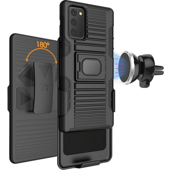 Case/Mount/Clip for Galaxy Note 20, Nakedcellphone Black Ring Grip [Rugged Cover with Stand] + [Belt Hip Holster] + [Magnetic Car Holder] for Samsung Galaxy Note 20 Phone (SM-N980, SM-N981)