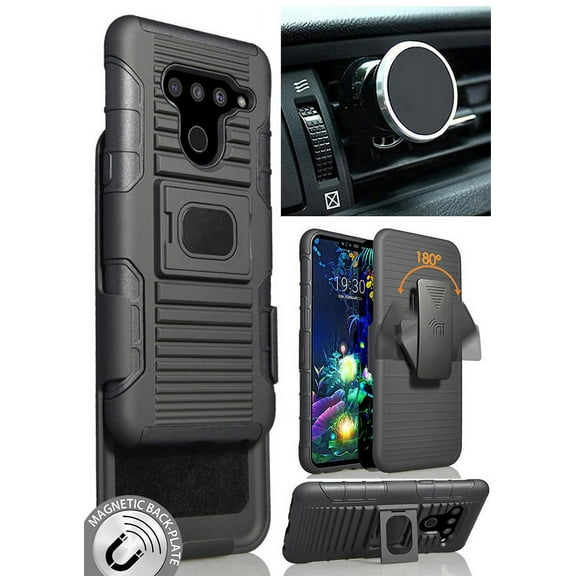 Case/Mount/Clip for LG V50, Nakedcellphone Black Ring Grip Case Rugged Cover + Belt Hip Holster Stand + Magnetic Car Holder for LG V50 ThinQ