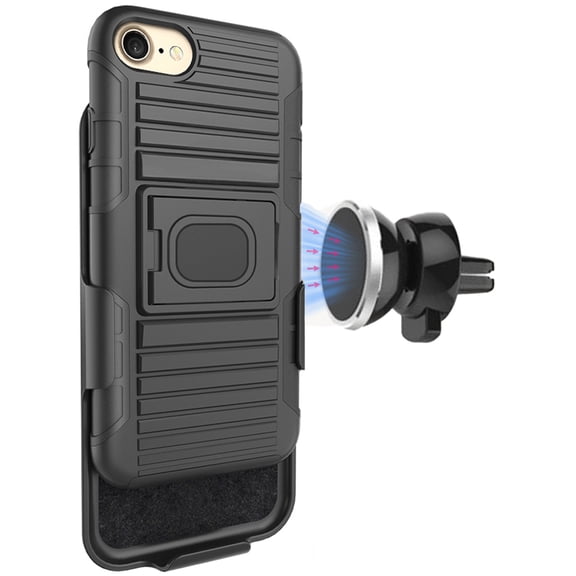 Case/Mount/Clip for iPhone SE 2022/2020, Nakedcellphone Black Rugged Cover [with Finger Grip Stand] + [Belt Hip Holster] + [Magnetic Car Holder] - fits Apple iPhone SE3, SE2, 8, 7