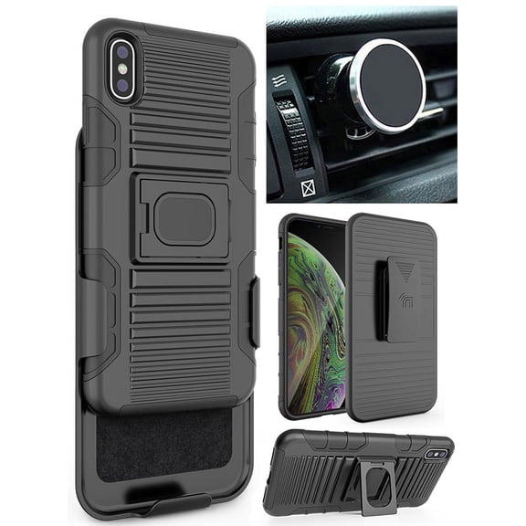 Case/Mount/Clip for iPhone Xs Max, Nakedcellphone Black Ring Grip Case Cover + Belt Hip Holster Stand + Magnetic Car Holder for Apple iPhone Xs Max (Size 6.5" model) (10s Max)