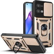 Case for Oppo Reno8 5G NOT 4G with Slide Camera Cover, Military Grade Drop Protective Phone Cover Case with Ring Kickstand for Oppo Reno 8 5G SJ Gold