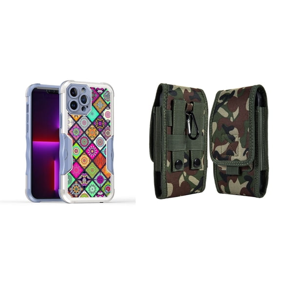Case and Pouch Bundle for iPhone 14 Plus: Heavy Duty Armor Rugged Case (Mediterranean Tile Pattern) and Vertical Rugged Nylon Belt Holster (Green Camo)