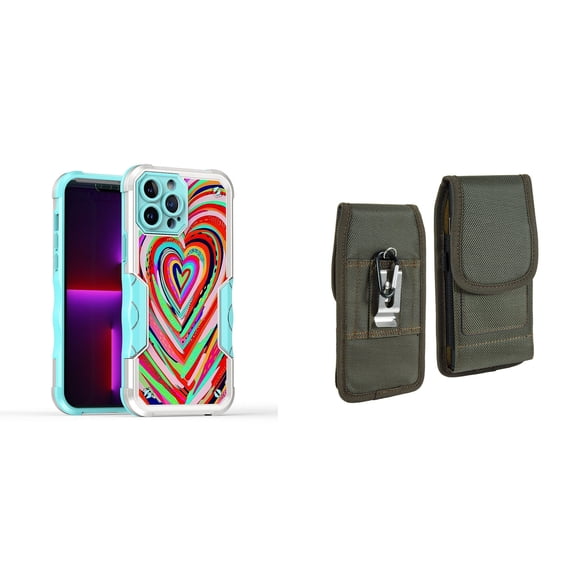 Case and Pouch Bundle for iPhone 14 Pro Max: Heavy Duty Armor Rugged Case (Abstract Love Hearts) and Vertical Rugged Nylon Belt Holster (Midnight Green)