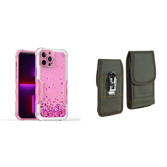 Case and Pouch Bundle for iPhone 14 Pro Max: Heavy Duty Armor Rugged Case (Pink Floating Hearts) and Vertical Rugged Nylon Belt Holster (Midnight Green)