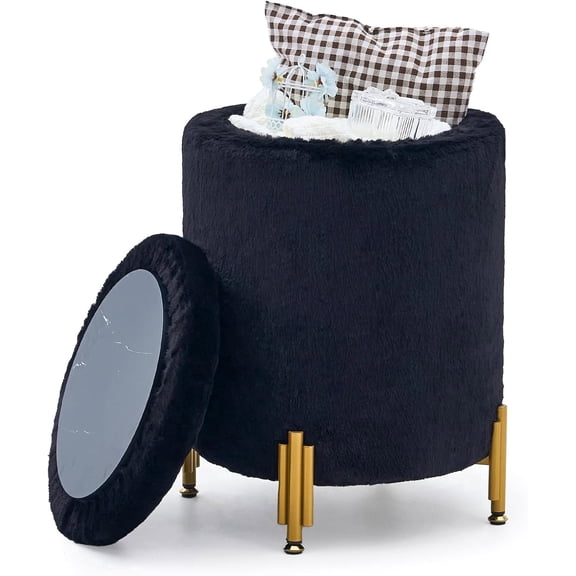 Case Pura Furniture Modern Velvet Storage Ottoman, Round Upholstered Footrest Stool with Gold Metal Legs