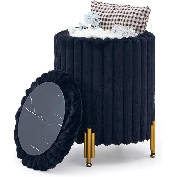 Case Pura Furniture Modern Velvet Storage Ottoman Round Upholstered Footrest Stool with Gold Metal Legs