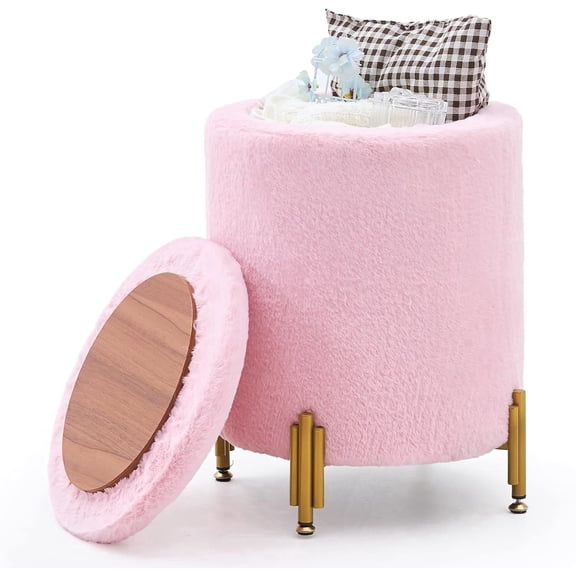 Case Pura Furniture Modern Velvet Storage Ottoman, Round Upholstered Footrest Stool with Gold Metal Legs