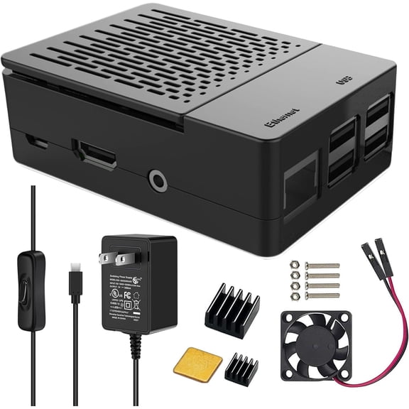 Case for Raspberry Pi 3 Kit with 3010 Quiet Fan, Pcs Heatsinks, 5V 3A Micro USB Power Supply Switch  Durable DIY Enclosure Retro Gaming, Home Assistant, Overclocking