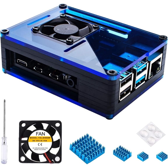Case for Raspberry Pi 4 with Fan Cooling, HeatSinks, Shell for Pi 4B | Enclosure For Pi 4 Model B / Pi4 / Rpi4. , Transparent, Protection, Cooler, Mini for Travel & Portable, Blue