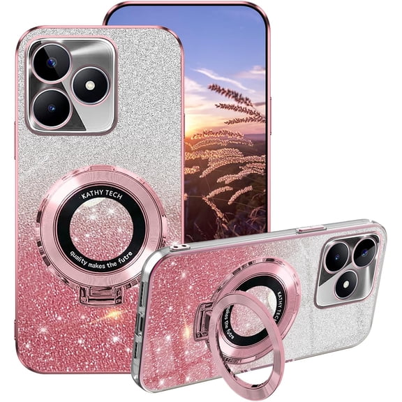 Case for Realme Note 50 Cases Silicone with Ring Holder,Plating for Realme Note 50 Phone Case Glitter Transparent Double Layer Detachable Soft TPU Shockproof Protective Luxury Slim Cover (Pink)