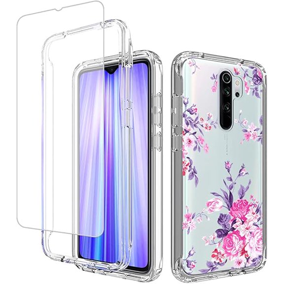 Case for Redmi Note 8 Pro M1906G7I with Tempered Glass Screen Protector, Floral Design Shockproof Bumper Full Body Protective Cell Phone Cover for Xiaomi Redmi Note 8 Pro (Rose)