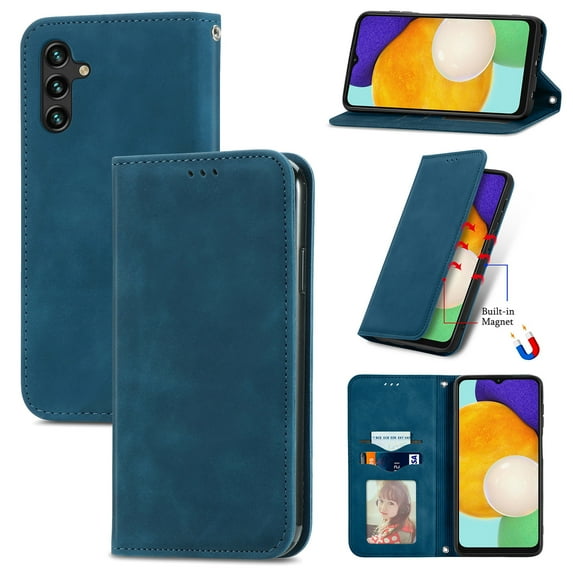 Case for Samsung A14 5G, Classic Business Premium PU Leather Cover TPU Bumper with Card Holder Kickstand Magnetic Adsorption Flip Wallet Case Cover for Galaxy A14 5G 6.6 Inch,Blue