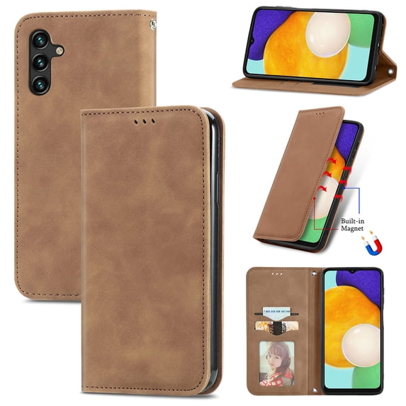 Case for Samsung A15, Classic Business Premium PU Leather Cover TPU Bumper with Card Holder Kickstand Magnetic Adsorption Flip Wallet Case Cover for Galaxy A15, Brown