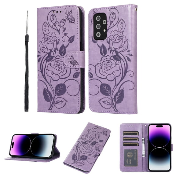 Case for Samsung A53 5G Wallet Case for Women Card Holder Butterfly Embossed Clover Rose Flower Flip PU Leather Magnetic Phone Cover Kickstand Lanyard for Samsung Galaxy A53 5G, Purple