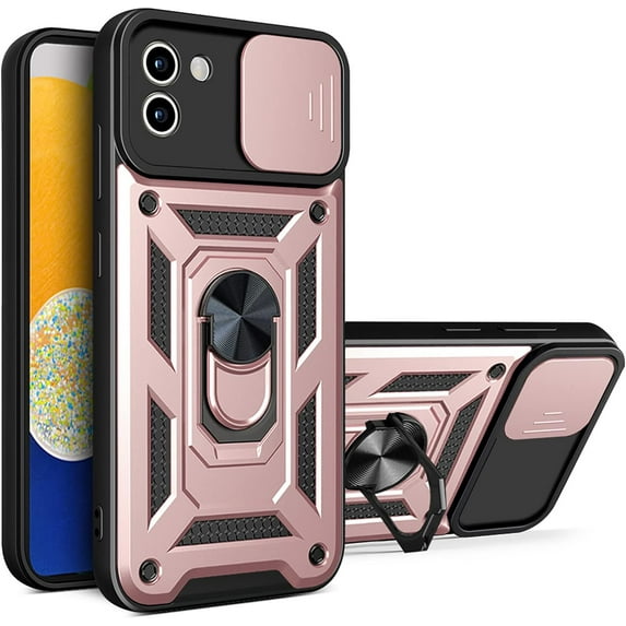 Case for Samsung Galaxy A03 with Slide Camera Cover,Military Grade Heavy Duty Protection Phone Case Cover with Magnetic Ring Kickstand for Samsung Galaxy A03 SJ Rose Gold