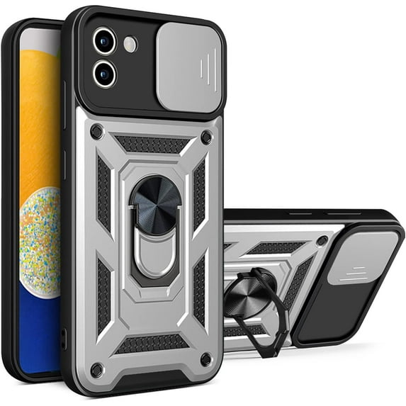 Case for Samsung Galaxy A03 with Slide Camera Cover,Military Grade Heavy Duty Protection Phone Case Cover with Magnetic Ring Kickstand for Samsung Galaxy A03 SJ Silver