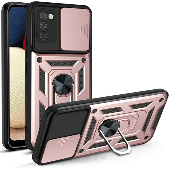 Case for Samsung Galaxy A03s with Slide Camera Cover, Military Grade Heavy Duty Protection Phone Case Cover with Magnetic Ring Kickstand for Samsung Galaxy A03s SJ Rose Gold