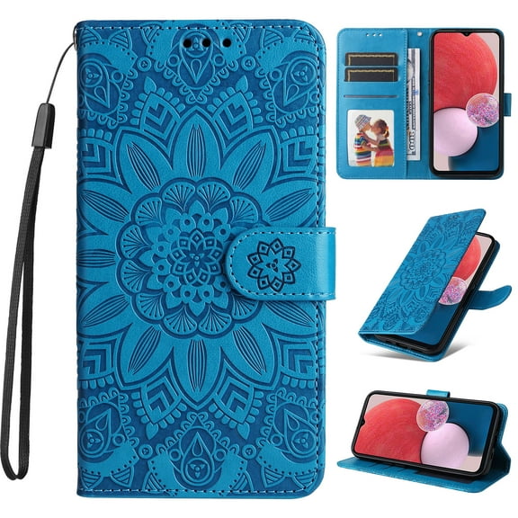 Case for Samsung Galaxy A05, Case Sunflower Embossed PU Leather Flip Cover Wallet Case with Cards Slot Holder Kickstand with Strap Protective Cover for Samsung Galaxy A05,Blue