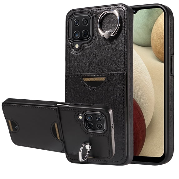 Case for Samsung Galaxy A12 Wallet with Credit Card Holder & Finger Ring Stand, PU Leather Slim Cover Shockproof Scratch Resistant Full Protection Case for Samsung Galaxy A12, Black