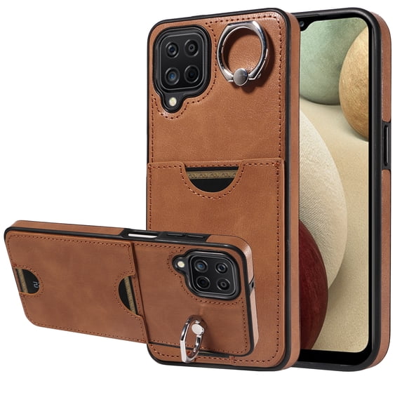 Case for Samsung Galaxy A12 Wallet with Credit Card Holder & Finger Ring Stand, PU Leather Slim Cover Shockproof Scratch Resistant Full Protection Case for Samsung Galaxy A12, Brown