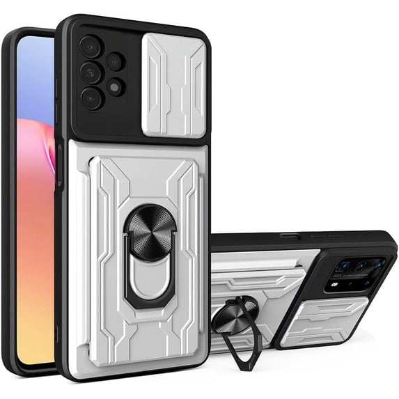 Case for Samsung Galaxy A13 4G (Not 5G) with Card Holder, Heavy Duty Protection Phone Case with Magnetic Ring Kickstand Slide Camera Cover for Samsung Galaxy A13 4g LJK White