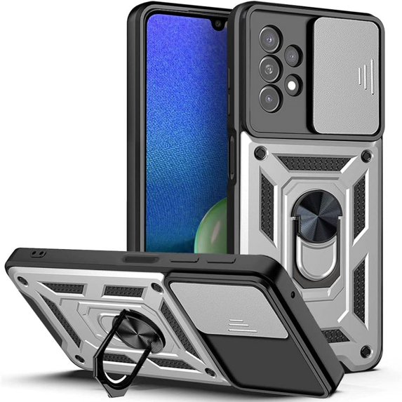 Case for Samsung Galaxy A13 4G (Not 5G) with Slide Camera Cover, Heavy Duty Military Grade Protection Phone Case Built-in 360° Rotate Ring Stand for Samsung Galaxy A13 4G SJ Silver