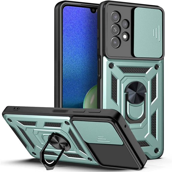 Case for Samsung Galaxy A13 4G (Not 5G) with Slide Camera Cover, Heavy Duty Military Grade Protection Phone Case Built-in 360° Rotate Ring Stand for Samsung Galaxy A13 4G SJ Green