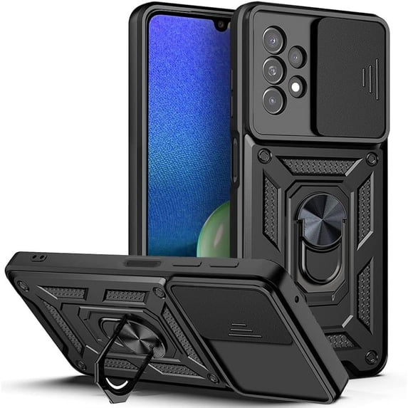 Case for Samsung Galaxy A13 4G (Not 5G) with Slide Camera Cover, Heavy Duty Military Grade Protection Phone Case Built-in 360° Rotate Ring Stand for Samsung Galaxy A13 4G SJ Black