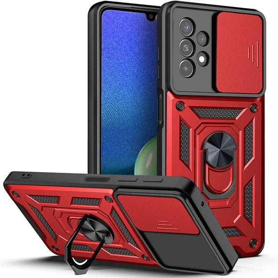 Case for Samsung Galaxy A13 4G (Not 5G) with Slide Camera Cover, Heavy Duty Military Grade Protection Phone Case Built-in 360° Rotate Ring Stand for Samsung Galaxy A13 4G SJ Red