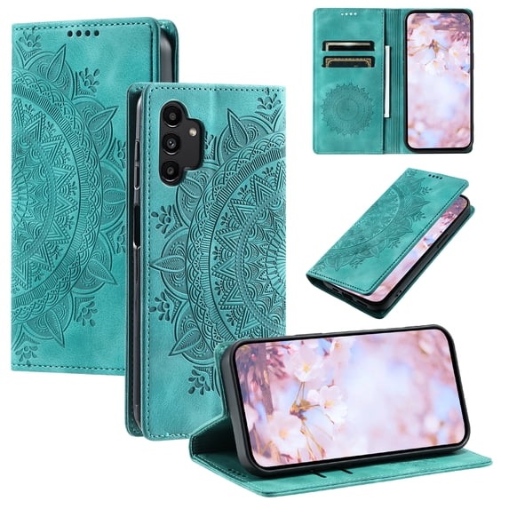 Case for Samsung Galaxy A13 4G Wallet Case for Women Girls with Card Holder, Embossed Flower Pattern Magnetic Flip PU Leather Purse Protective Phone Cover for Samsung Galaxy A13 4G, Green