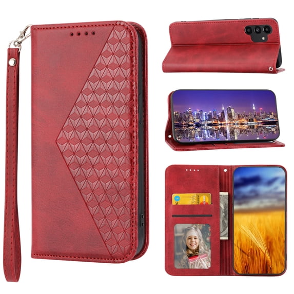 Case for Samsung Galaxy A13 5G, Magnetic Matte Premium PU Leather Stand Flip Cover with Card Slots and Wallet, Shockproof and Full Body Protection Compatible with Galaxy A13 5G - Red