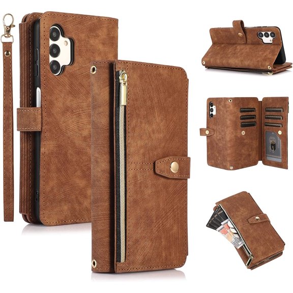 Case for Samsung Galaxy A13/A04s, 9 Card Slots Retro Leather Wallet Flip Cover for A13 5G/4G with Hand Strap Card Slots Zipper Pocket Kickstand Handbag Magnetic Closure - Retro Brown