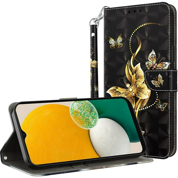 Case for Samsung Galaxy A14 5G Case Wallet with Card Holders - Lovely Colorful Pattern PU Leather Flip Phone Case TPU Shell Folio Cover Women Men for Samsung Galaxy A14 5G Golden Butterfly