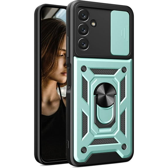 Case for Samsung Galaxy A14 5G with Slide Camera Cover, Military Grade Drop Protective Phone Cover Case with Ring Kickstand for Samsung Galaxy A14 5G SJ Green