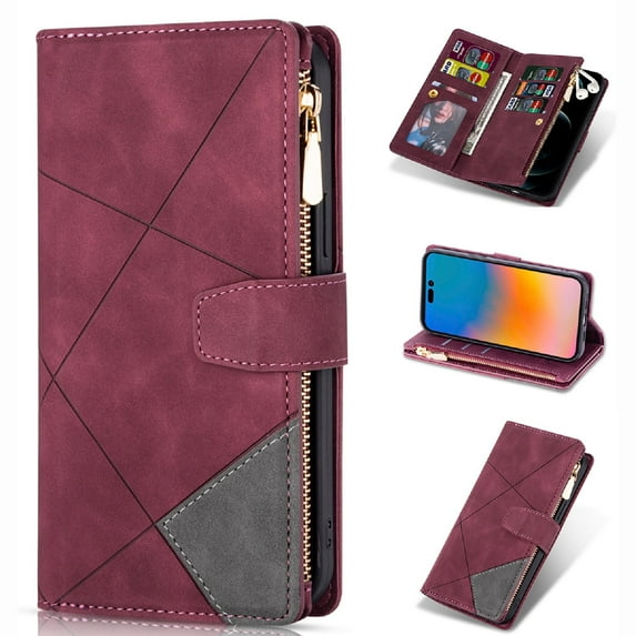 Case for Samsung Galaxy A14 5G Zipper Wallet Case, Large Capacity Card Slots Cash Hoider Zipper Pocket Premium PU Leather Flip Cover with Wrist Strap Magnetic Clasp Kickstand Shockproof Case,Winered