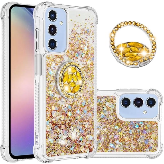 Case for Samsung Galaxy A15 5G, Galaxy A15 5G Liquid Case Glitter Clear TPU Cute Love Moving Quicksand Sparkle Phone Case with Stand Liquid Shockproof Cover for Samsung Galaxy A15 5G Gold YBZ