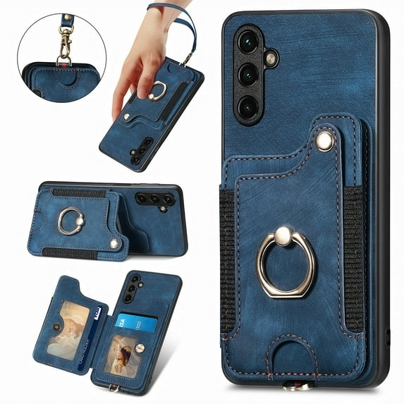 Case for Samsung Galaxy A15,Decase PU Leather Shockproof Wallet Phone Cover,RFID Blocking Card Slots Holder Stand With 360° Ring Kickstand & Wristband for Galaxy A15,Blue