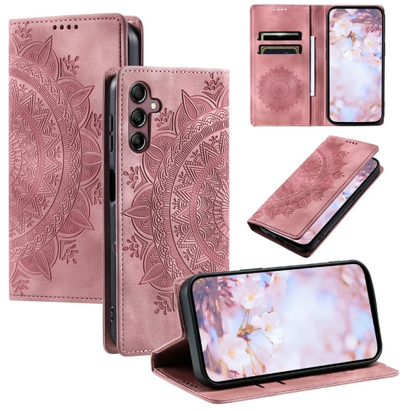 Case for Samsung Galaxy A15 Wallet Case for Women Girls with Card Holder, Embossed Flower Pattern Magnetic Flip PU Leather Purse Protective Phone Cover for Samsung Galaxy A15, Pink