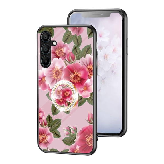 Case for Samsung Galaxy A16 4G/5G, Tempered Glass Back +TPU Frame, Floral Pattern Diamond Ring Stand Ultra Slim Lightweight Anti-Scratch Back Case Drop Protective Support Magnetic Car Mount - Red