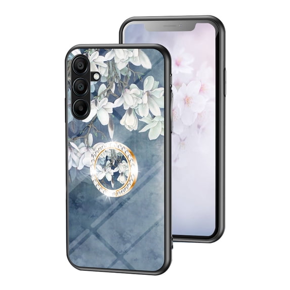 Case for Samsung Galaxy A16 4G/5G, Tempered Glass Back +TPU Frame, Floral Pattern Diamond Ring Stand Ultra Slim Lightweight Anti-Scratch Back Case Drop Protective Support Magnetic Car Mount - Blue