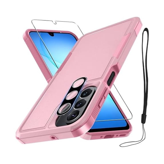 Case for Samsung Galaxy A17 5G Phone Cover with Screen Protector+Camera Lens Cover,Military Grade Heavy Duty Shockproof PhoneCase with Wrist Lanyard Strap for Sam A17,Cute Pink