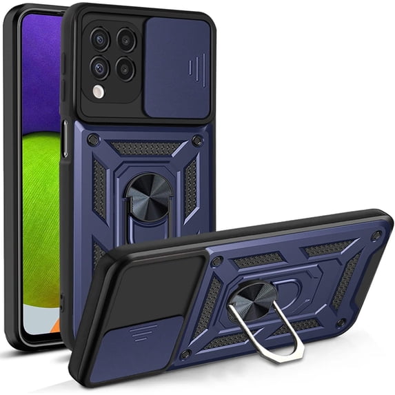 Case for Samsung Galaxy A22 4G with Slide Camera Cover, Military Grade Heavy Duty Protection Phone Case Cover with Magnetic Ring Kickstand for Samsung Galaxy A22 4G SJ Blue
