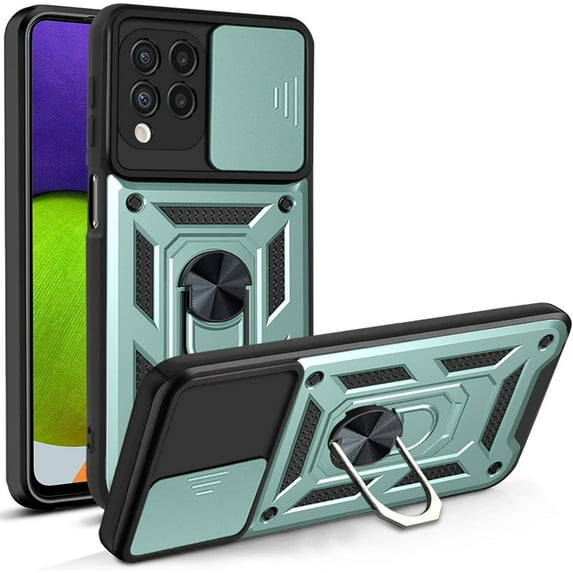 Case for Samsung Galaxy A22 4G with Slide Camera Cover, Military Grade Heavy Duty Protection Phone Case Cover with Magnetic Ring Kickstand for Samsung Galaxy A22 4G SJ Green