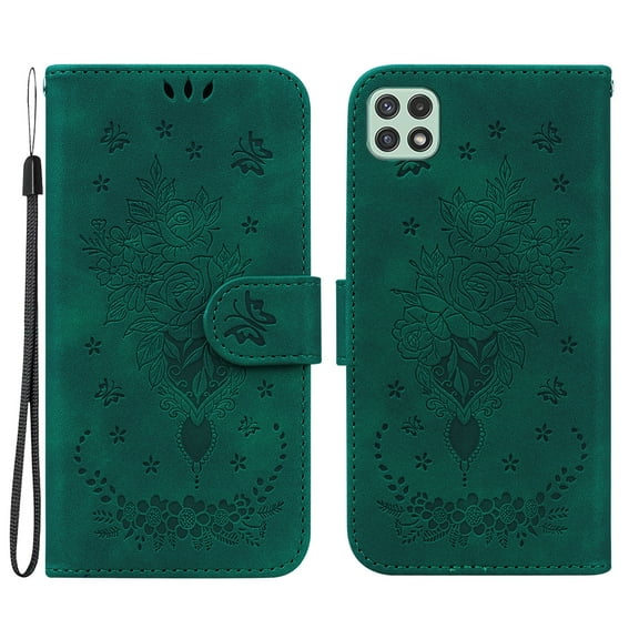 Case for Samsung Galaxy A22 5G Wallet Embossed Leather Magnetic Flip Protective Cover With Kickstand Card Cash Pocket Wrist Strap Drop Protection Phone Case Cover,Green