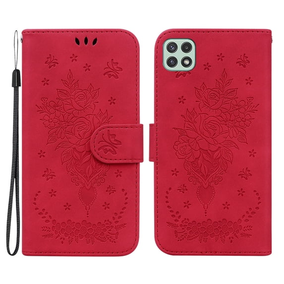 Case for Samsung Galaxy A22 5G Wallet Embossed Leather Magnetic Flip Protective Cover With Kickstand Card Cash Pocket Wrist Strap Drop Protection Phone Case Cover,Red