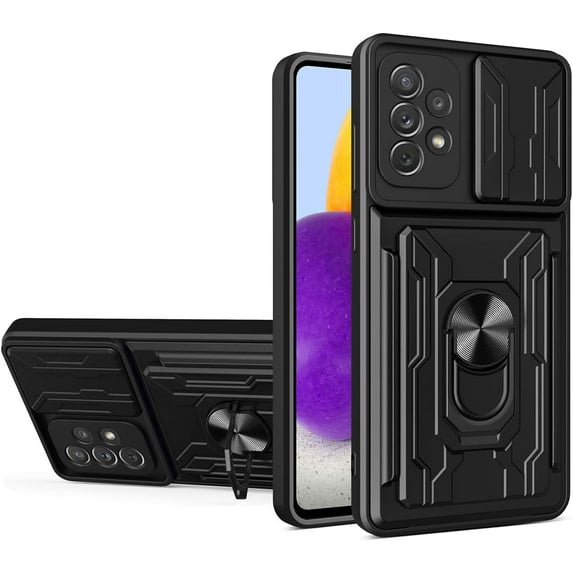 Case for Samsung Galaxy A23 4G/5G with Card Holder, Heavy Duty Protection Phone Case with Magnetic Ring Kickstand Slide Camera Cover for Samsung Galaxy A23 LJK Black